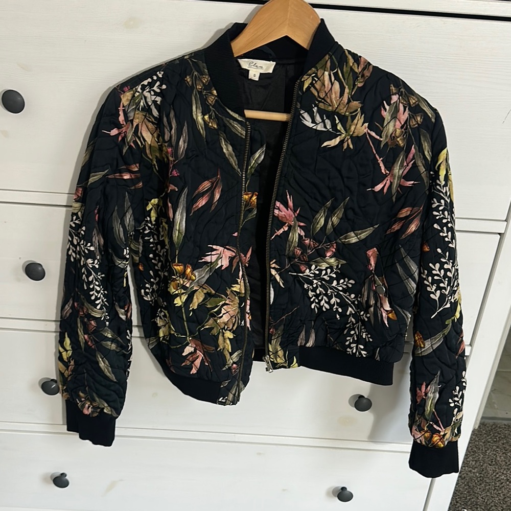Elan Black Bomber Jacket with Elegant Floral Design